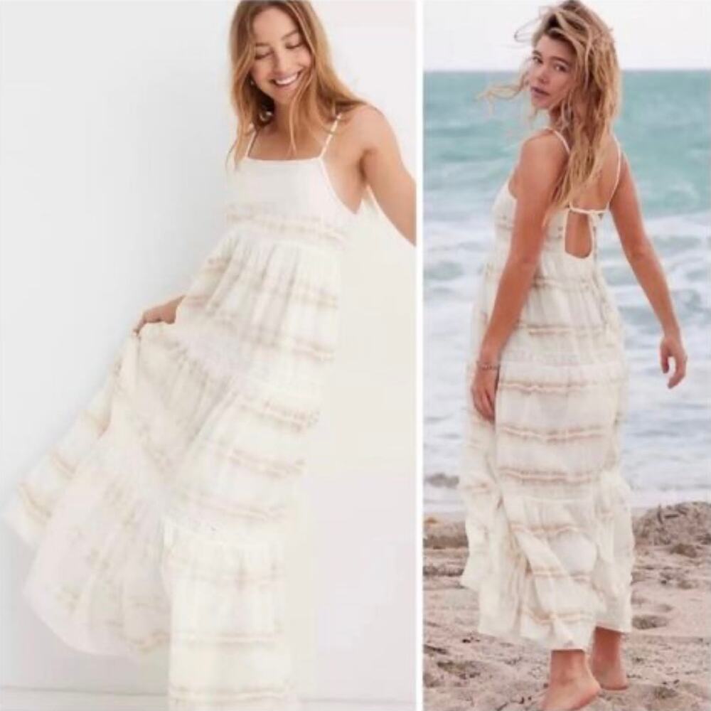 NWT Aerie Sz XS Beachy Tiered Maxi Dress Tan Ivory Coastal Boho Vacation Lace
